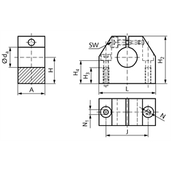 Wellenbock GW-1 ISO-Reihe 1 für Wellendurchmesser 6mm, Technische Zeichnung
