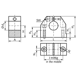Präzisions-Wellenbock GW-3 ISO-Reihe 3 für Wellendurchmesser 16mm, Technische Zeichnung