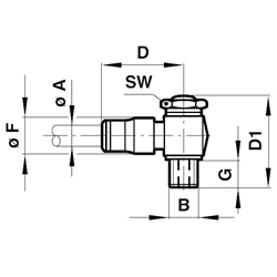 Winkel-Schwenkverbindung mit Dichtring Rohr-Außendurchmesser 10mm Gewinde G1/4A , Technische Zeichnung