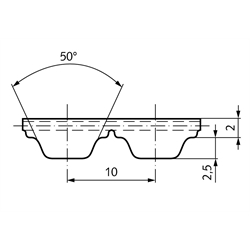 Zahnriemen Profil AT 10, Breite 25 mm, Technische Zeichnung